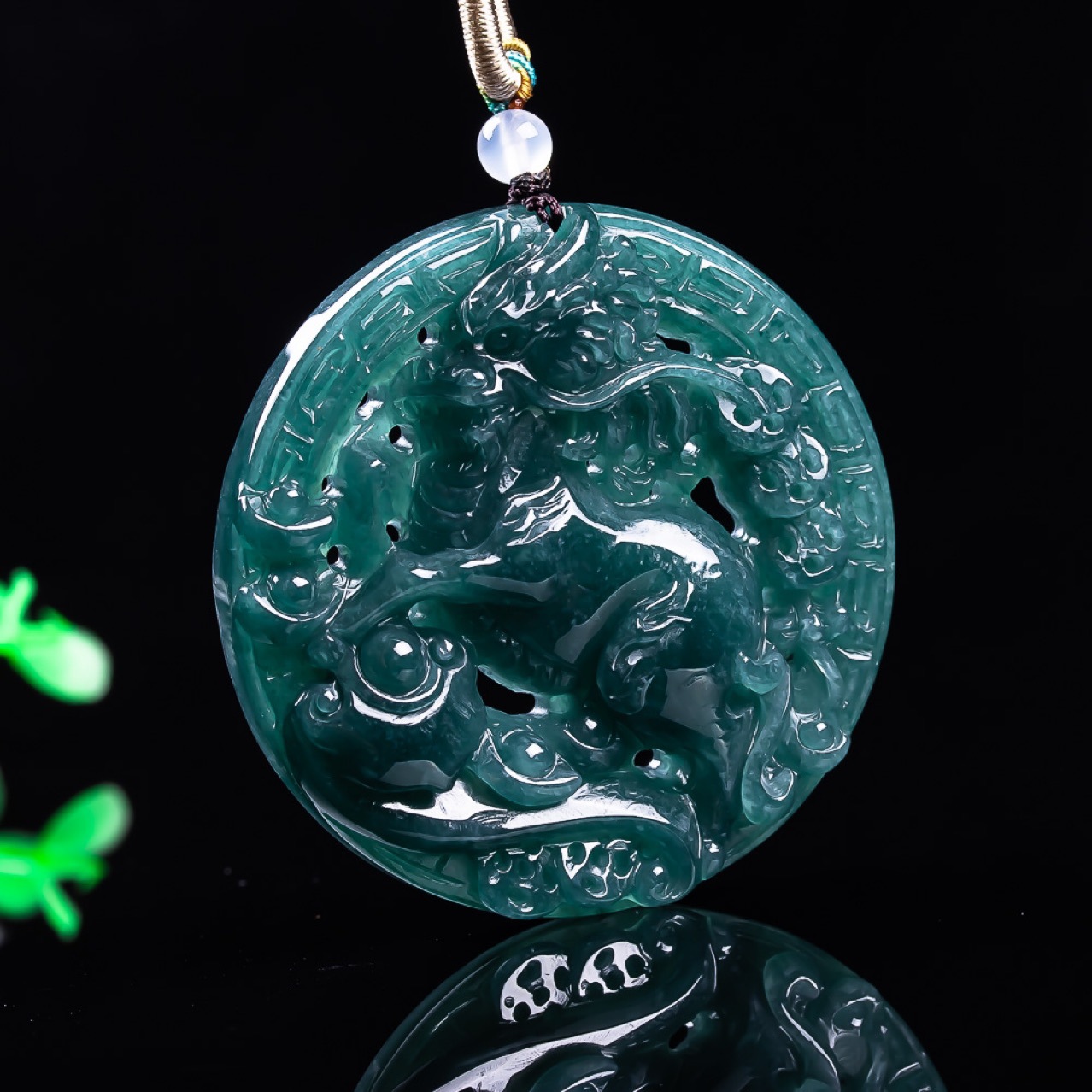 Vintage Necklace - Мьянманский жадеитовый дракон кулон ожерелье винтажные